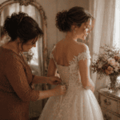 Mom ties the bride’s dress